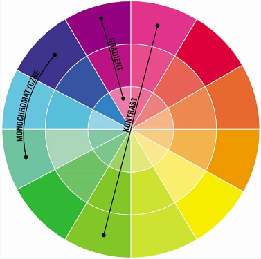 Koło barw przedstawiające zależności kolorystyczne, w tym schemat komplementarny, analogiczny i monochromatyczny.