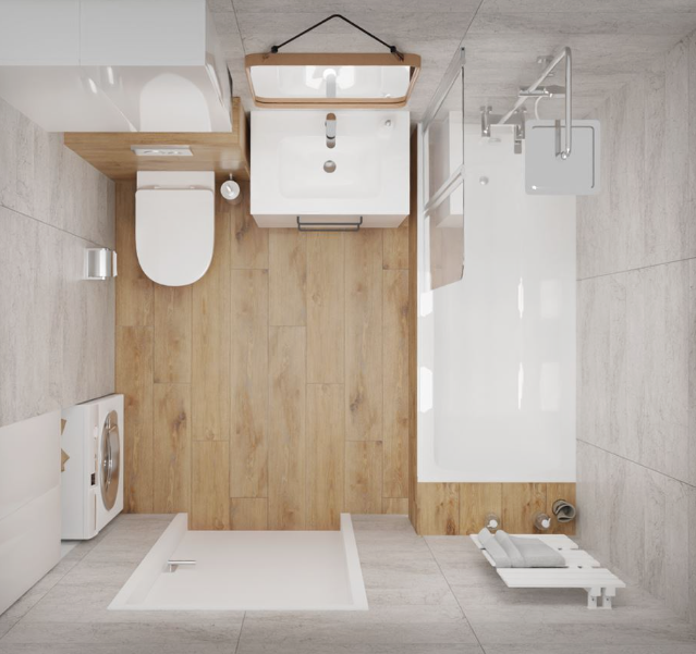 Widok z góry na nowoczesną łazienkę z wanną, umywalką i WC