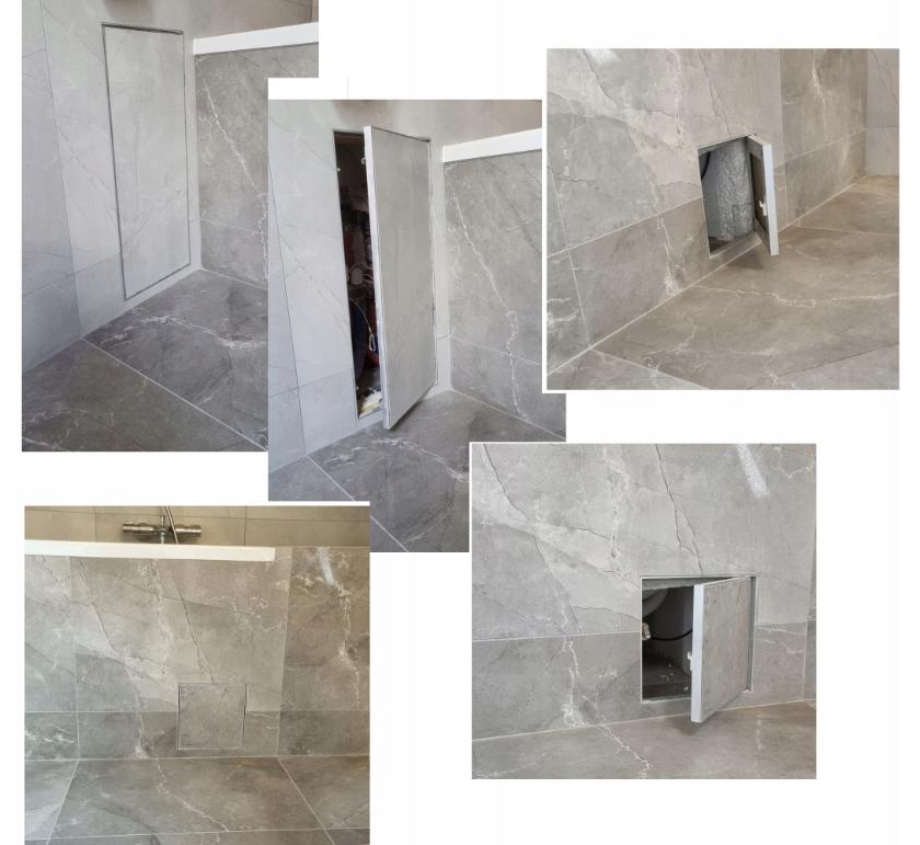 Zestaw zdjęć przedstawiających drzwiczki rewizyjne ukryte pod płytkami w łazience – zamknięte i otwarte, w ścianie wykończonej jasnoszarym gresem.