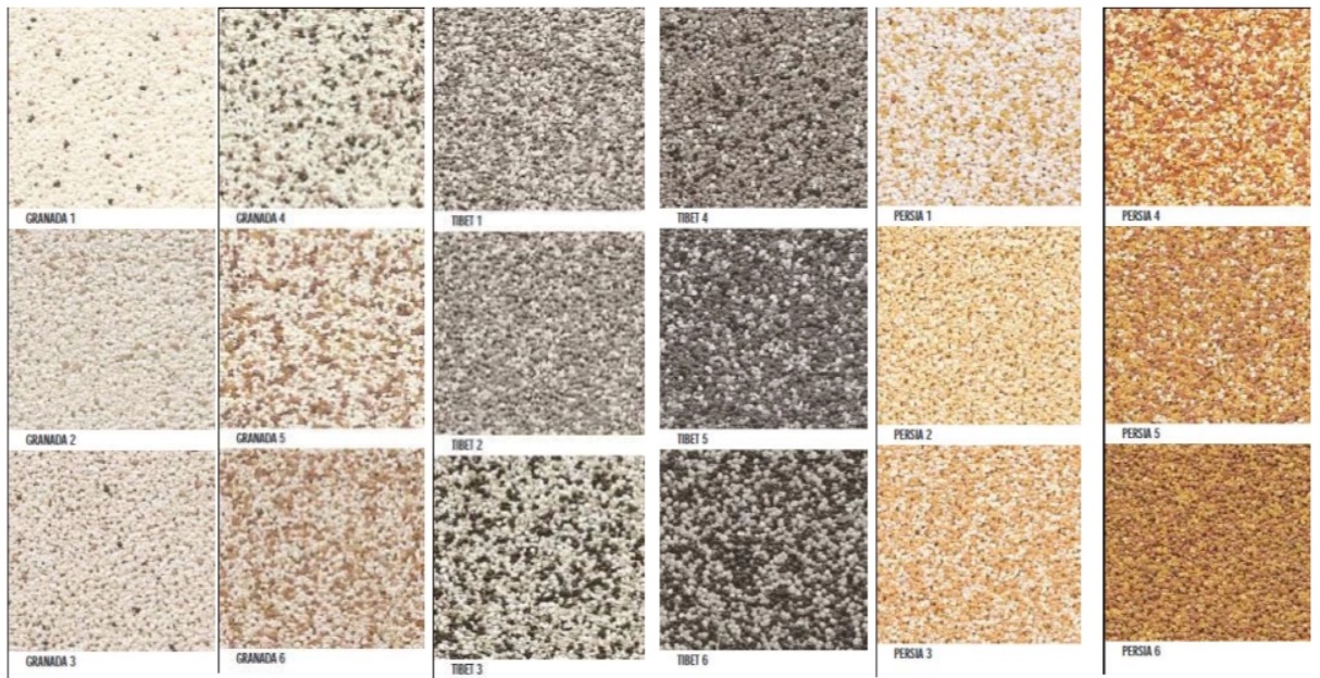 Próbki kolorystyczne tynku mozaikowego w różnych wariantach od jasnych beży po ciemne odcienie szarości i brązu.