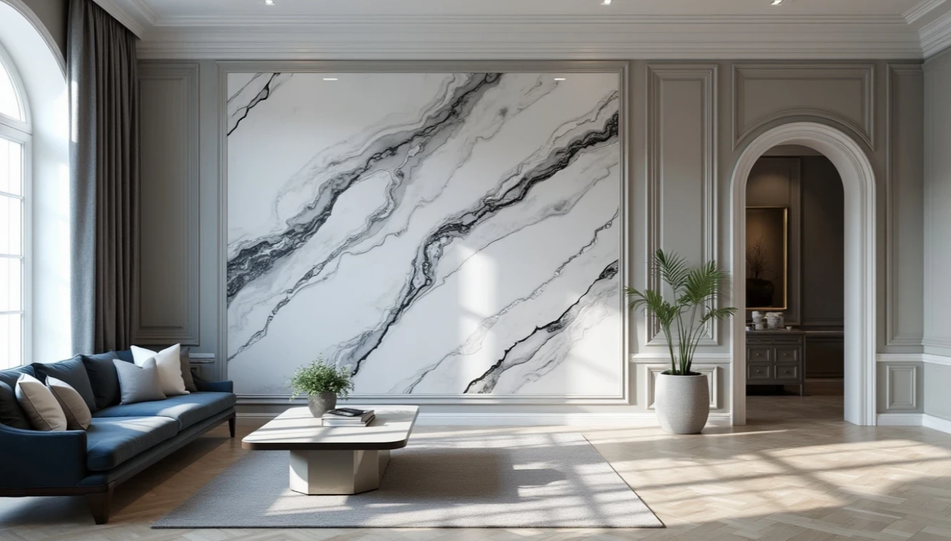 Duża dekoracyjna ściana w salonie wykończona stiukiem weneckim z efektem białego marmuru i czarnych żył.