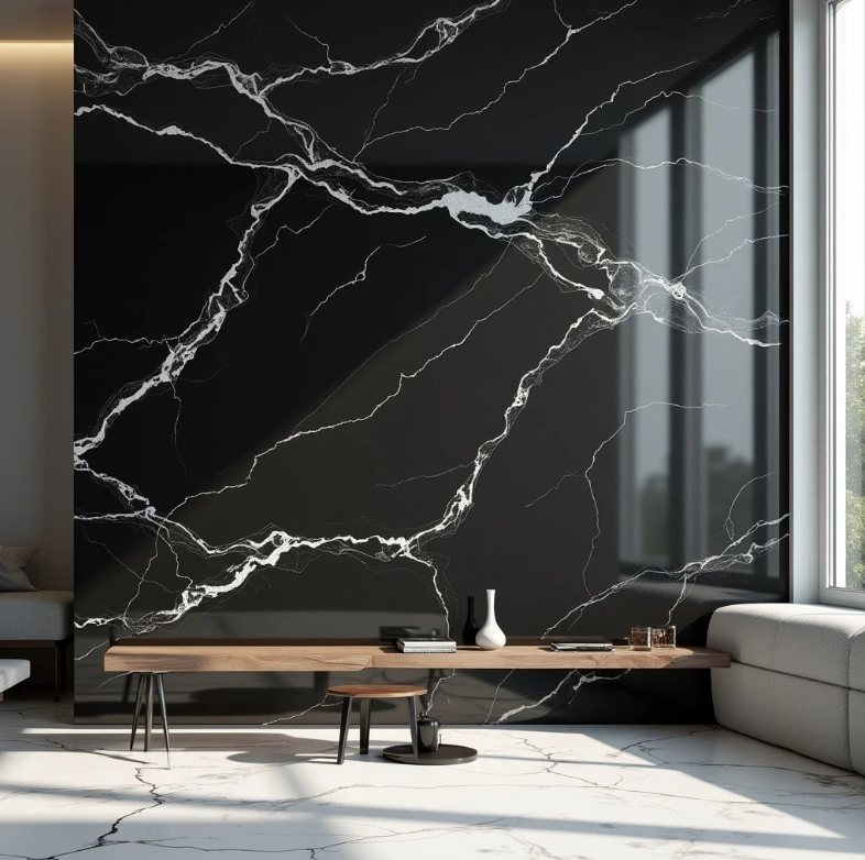 Czarna dekoracyjna ściana w salonie z efektem marmuru przypominającym stiuk wenecki z białymi żyłami kamienia.