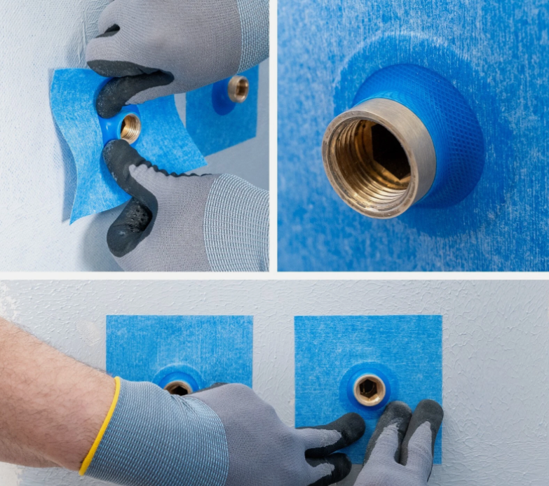 Kolaż zdjęć pokazujący montaż manszet uszczelniających wokół przyłączy instalacyjnych w ścianie, stosowanych do zabezpieczenia miejsc przejścia rur przed wilgocią i przeciekami.