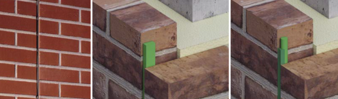 Grafika przedstawiająca przykłady dylatacji w murze ceglanym oraz w ścianie warstwowej, pokazująca szczeliny dylatacyjne i elementy umożliwiające pracę konstrukcji.