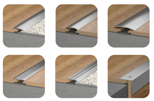 Zestaw sześciu przykładów listew progowych i profili wykończeniowych do paneli podłogowych, pokazujących różne sposoby łączenia i wykańczania krawędzi podłogi.