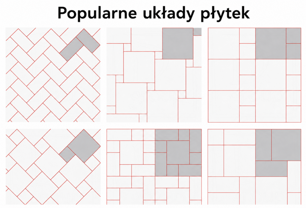 Grafika przedstawiająca popularne schematy układania płytek, w tym jodełkę, układ prosty oraz kompozycje z płytek prostokątnych i kwadratowych.