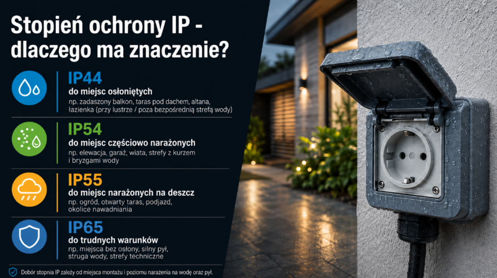 Grafika wyjaśniająca znaczenie stopnia ochrony IP dla gniazdek elektrycznych, pokazująca zastosowanie IP44, IP54, IP55 i IP65 w miejscach osłoniętych, częściowo narażonych na wilgoć, wystawionych na deszcz oraz w trudnych warunkach zewnętrznych.