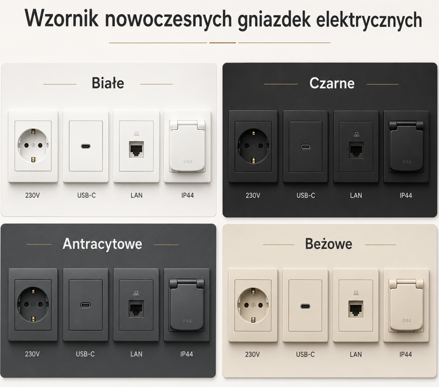 Grafika przedstawiająca wzornik nowoczesnych gniazdek elektrycznych w kolorze białym, czarnym, antracytowym i beżowym, obejmujący gniazda 230V, USB-C, LAN oraz IP44.