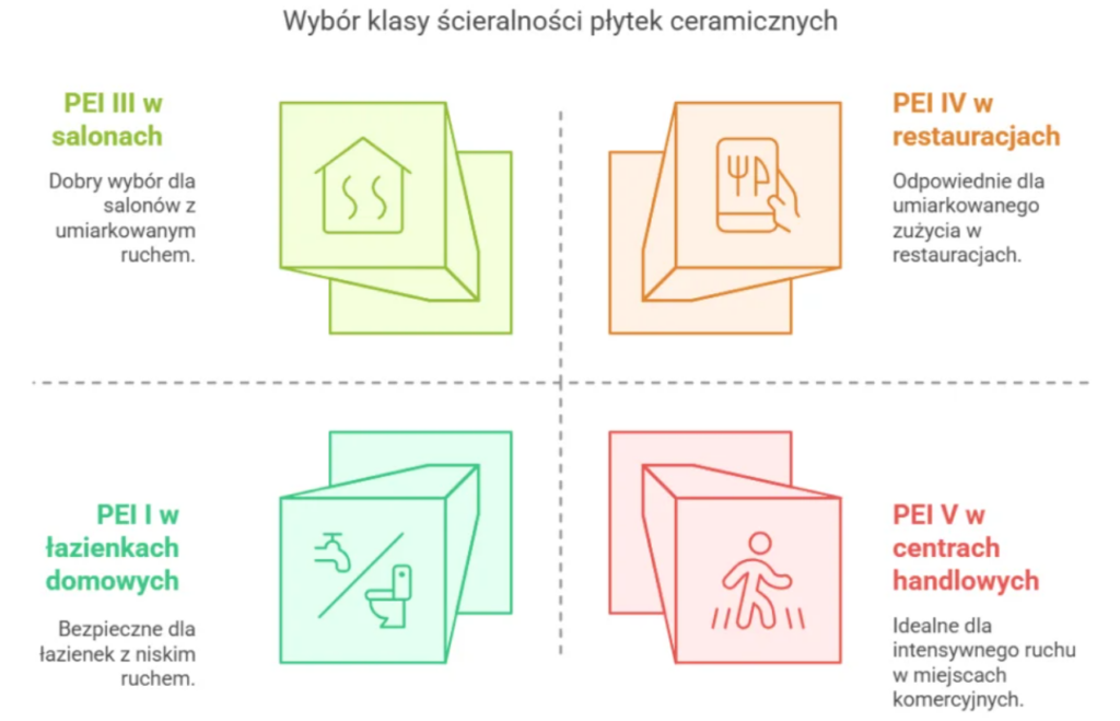Infografika pokazująca przykładowe zastosowanie klas ścieralności płytek ceramicznych PEI I, PEI III, PEI IV i PEI V w łazienkach, salonach, restauracjach i centrach handlowych.